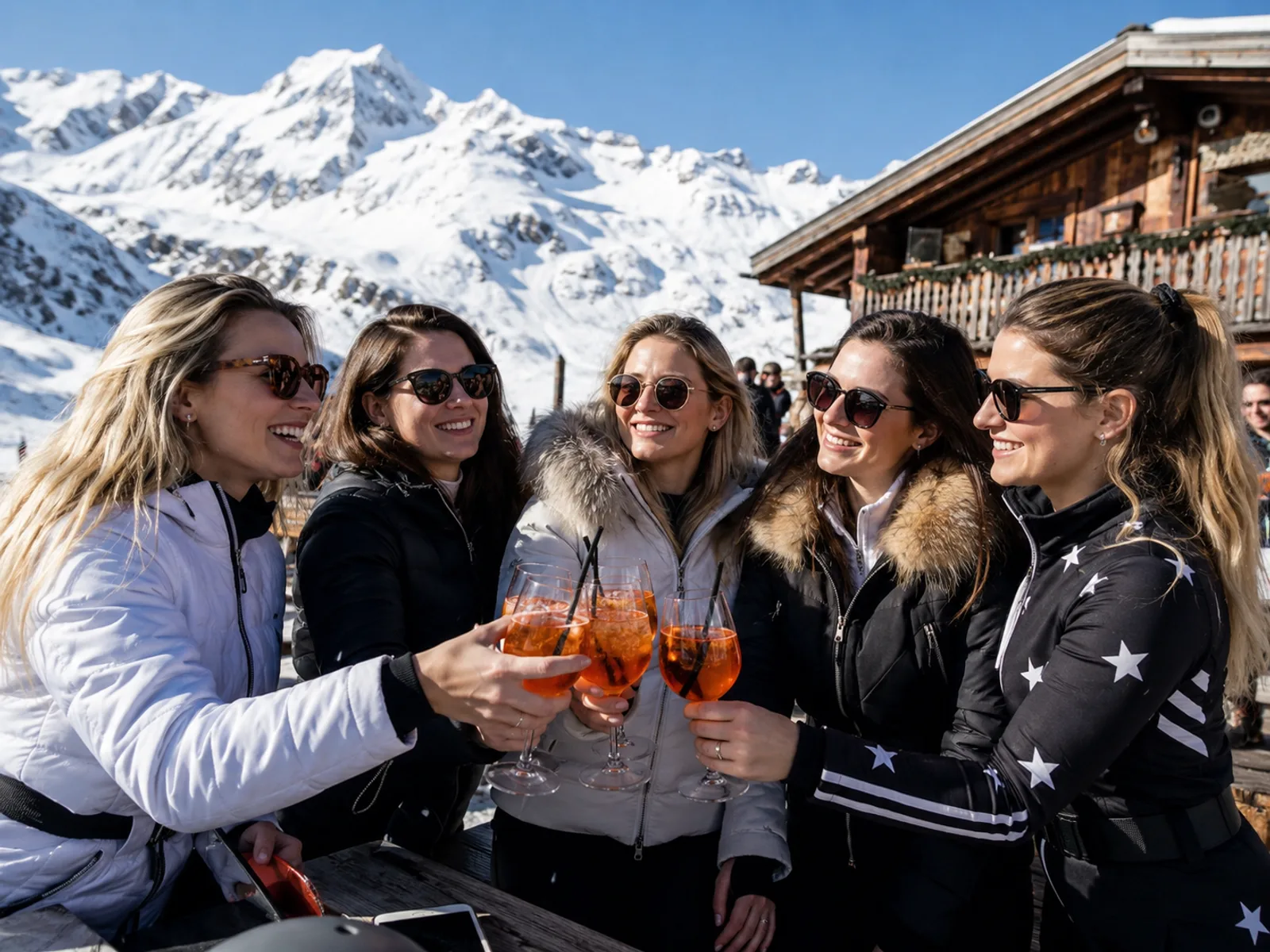 Freundinnen feiern Après-Ski mit Getränken auf der Piste