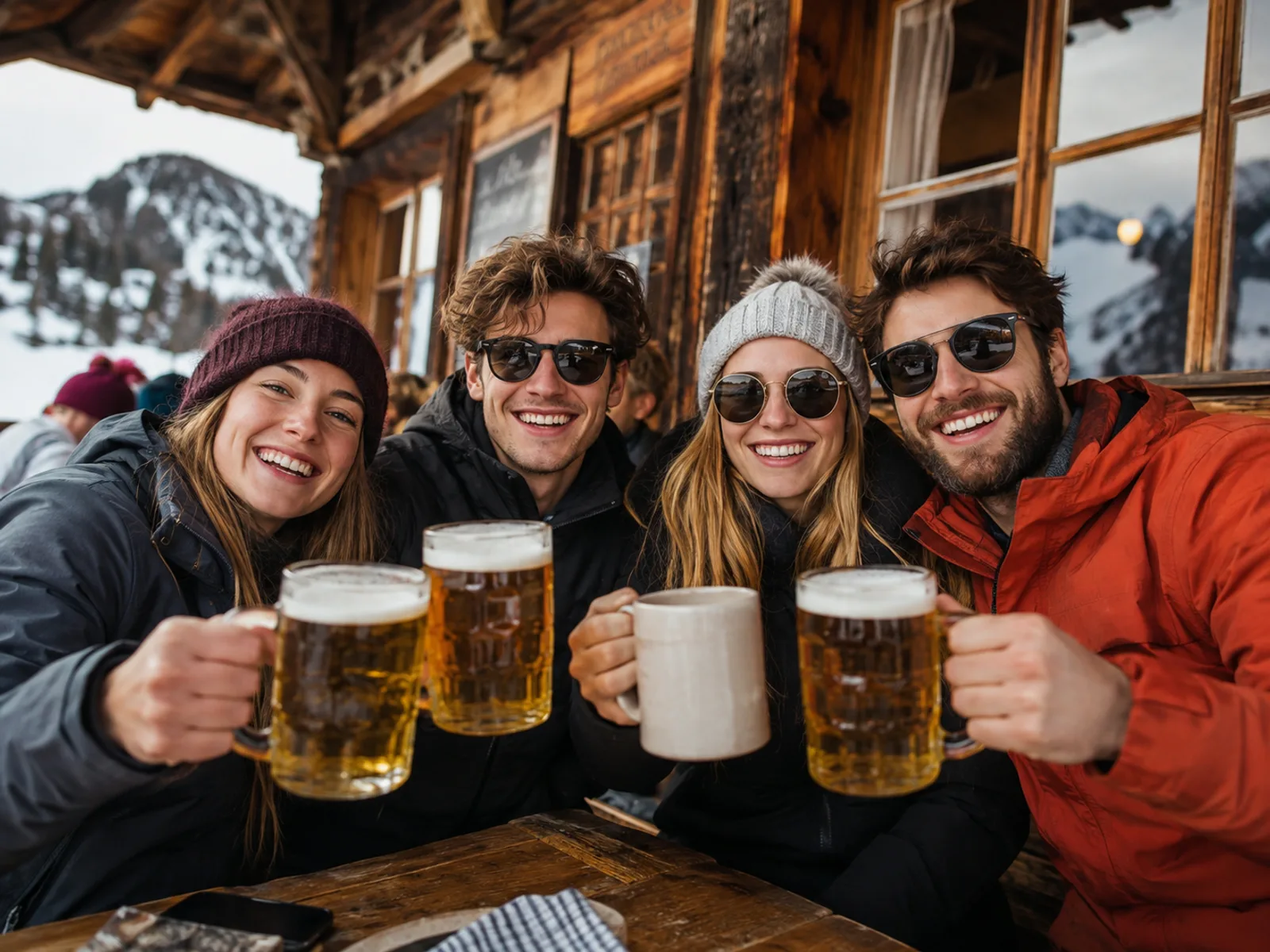 Freunde auf der Almhütten-Terrasse mit Bier beim JGA