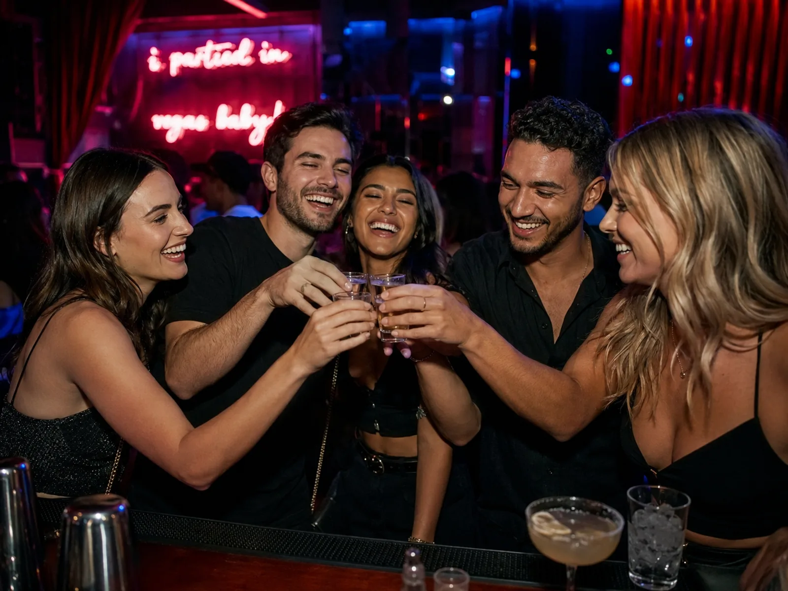 Junge Männer und Frauen stoßen an der Bar mit Shots an