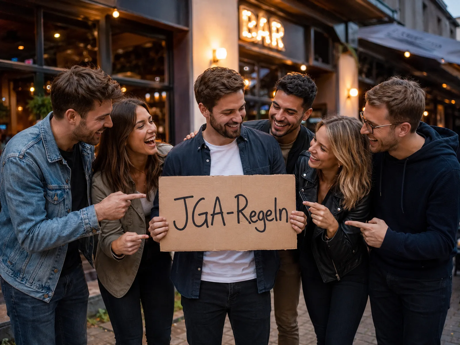 Gruppe steht lachend vor einem beleuchteten Club-Eingang bei Nacht