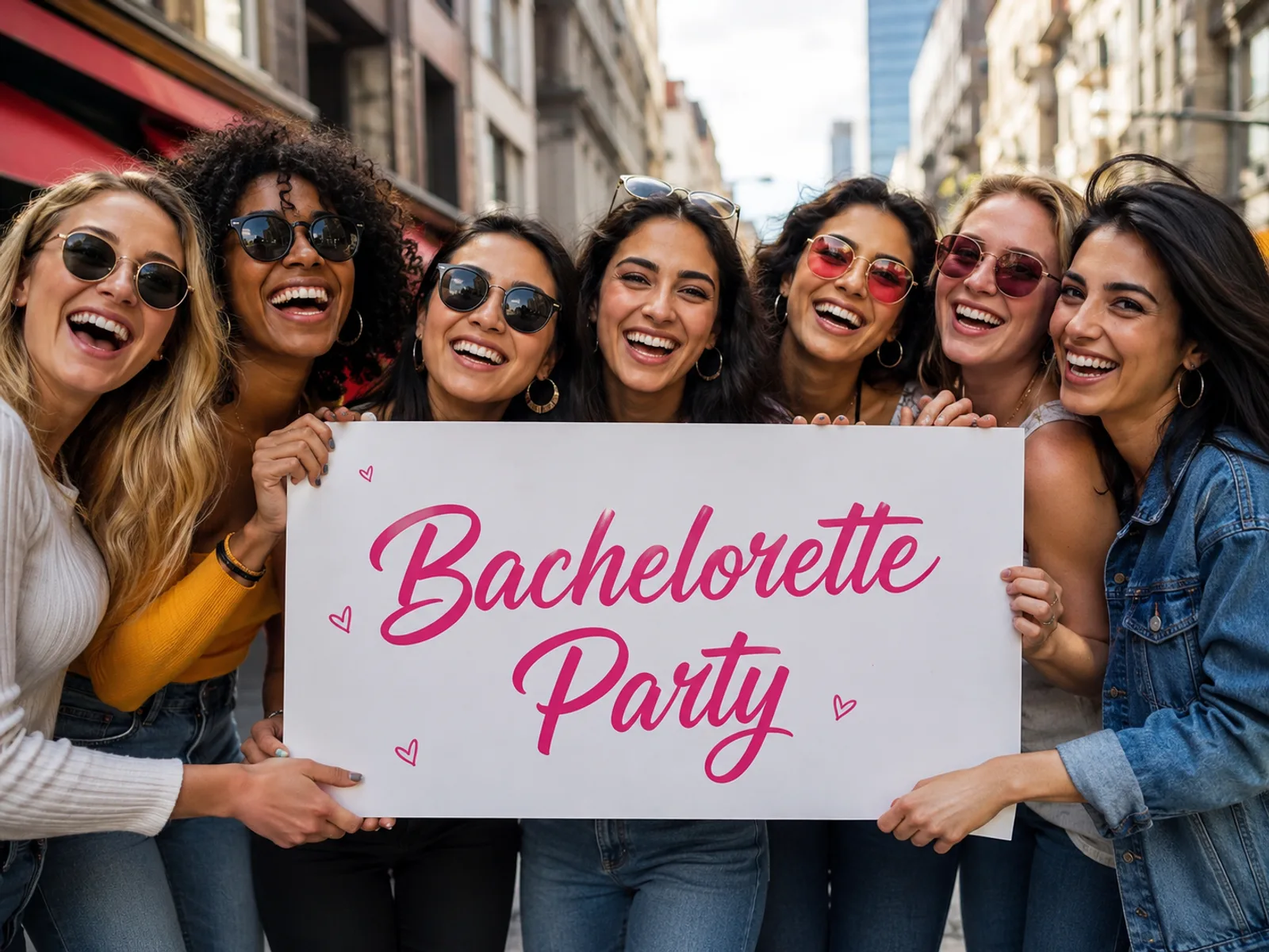 Gruppe hält lachend ein Schild mit der Aufschrift Bride Tribe in die Höhe