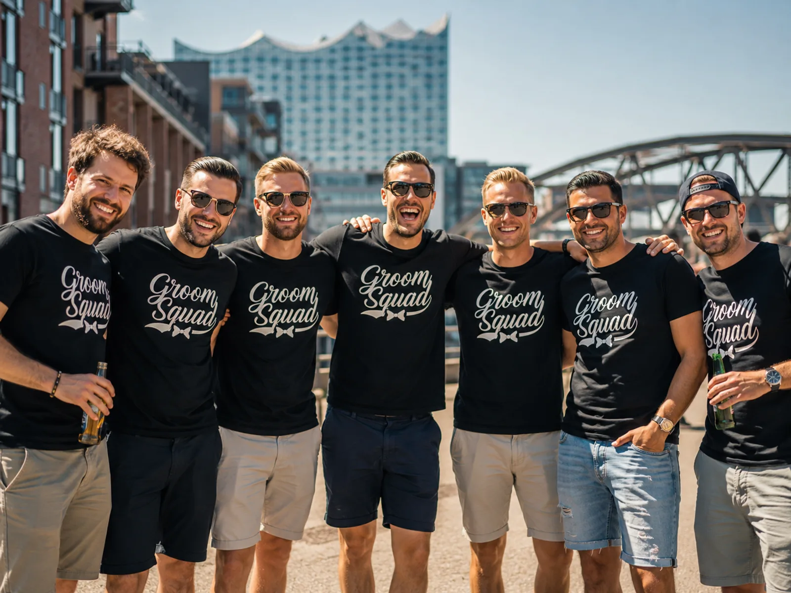Gruppe von Freundinnen in einheitlichen Shirts posiert für ein Gruppenfoto