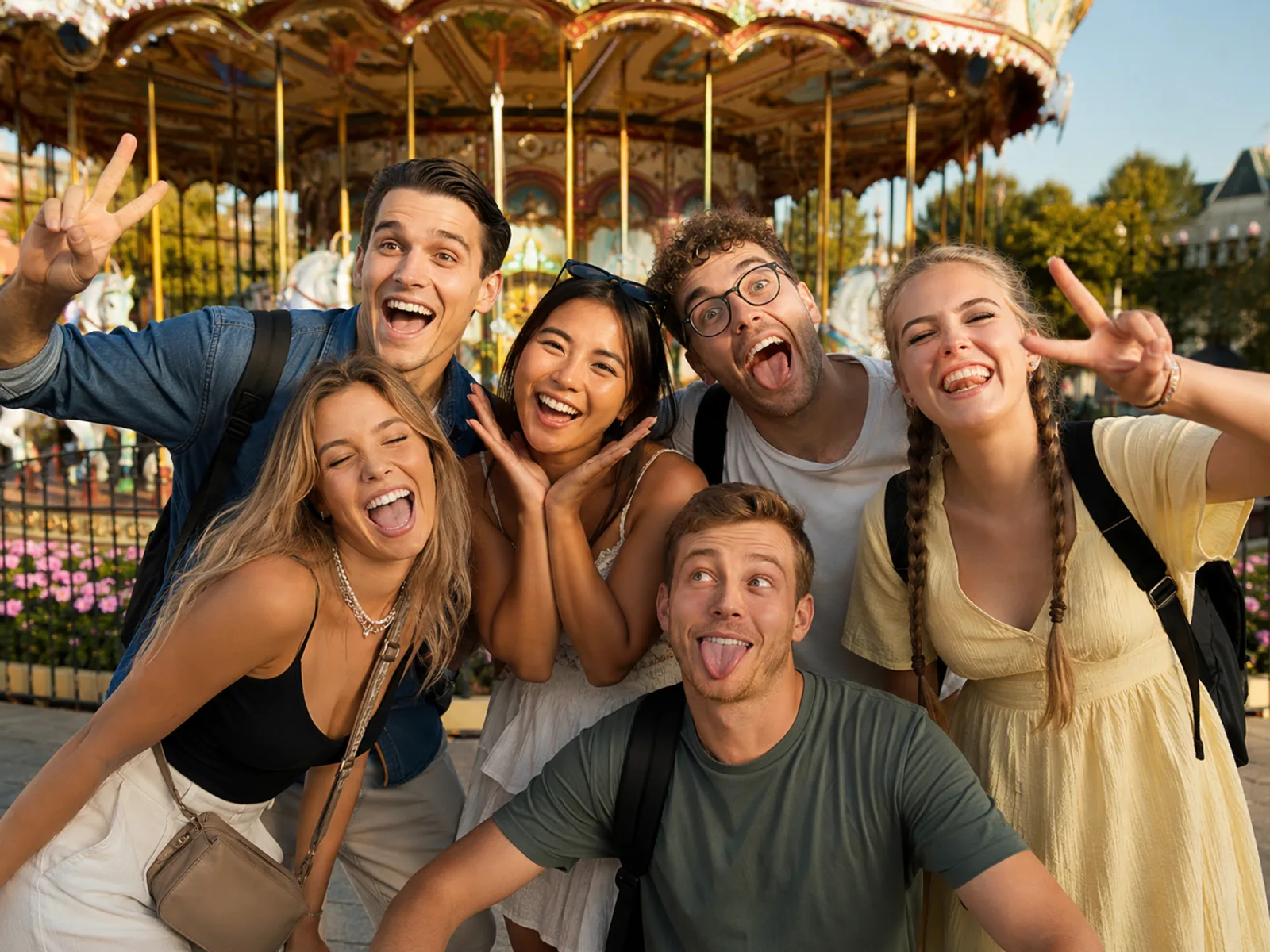 Gruppe posiert albern für ein Foto vor einer Themenpark-Kulisse