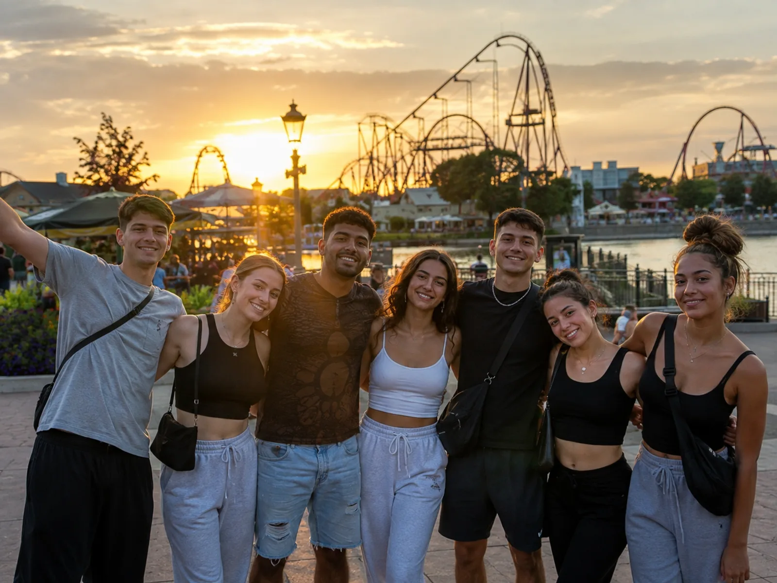 Gruppe glücklich und erschöpft am Ende eines Freizeitpark-Tages