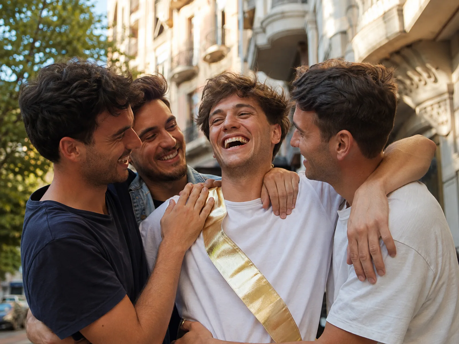 Zwei beste Freunde umarmen sich lachend