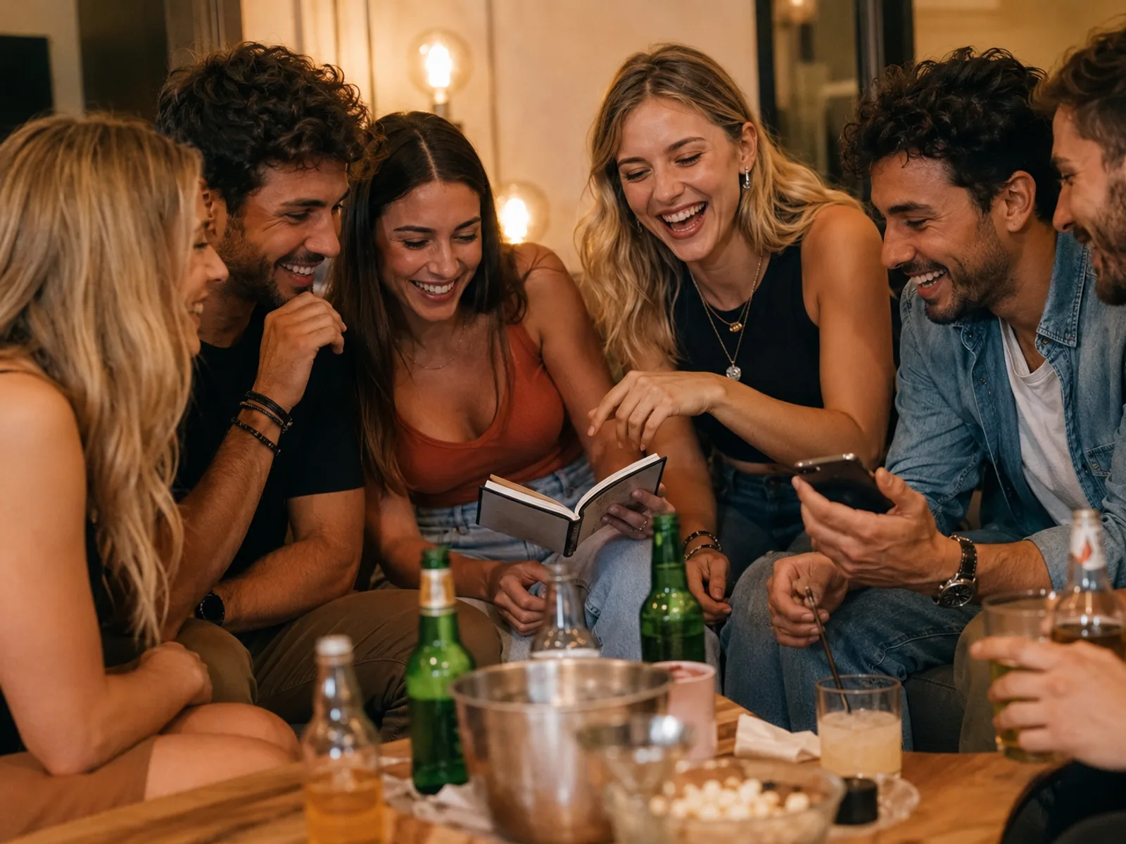 Breite Gruppenaufnahme von Freunden nach der Geschenkübergabe