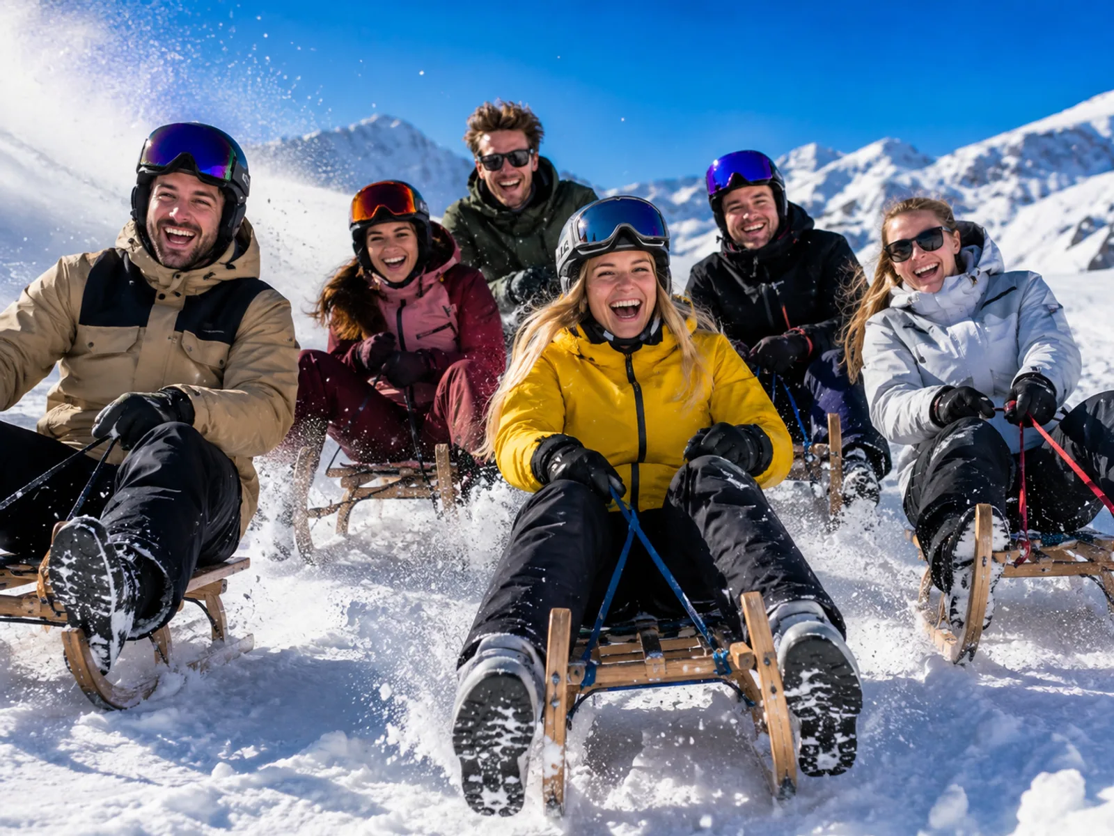 Gruppe von Skifahrern steht mit Ausrüstung an der Bergstation