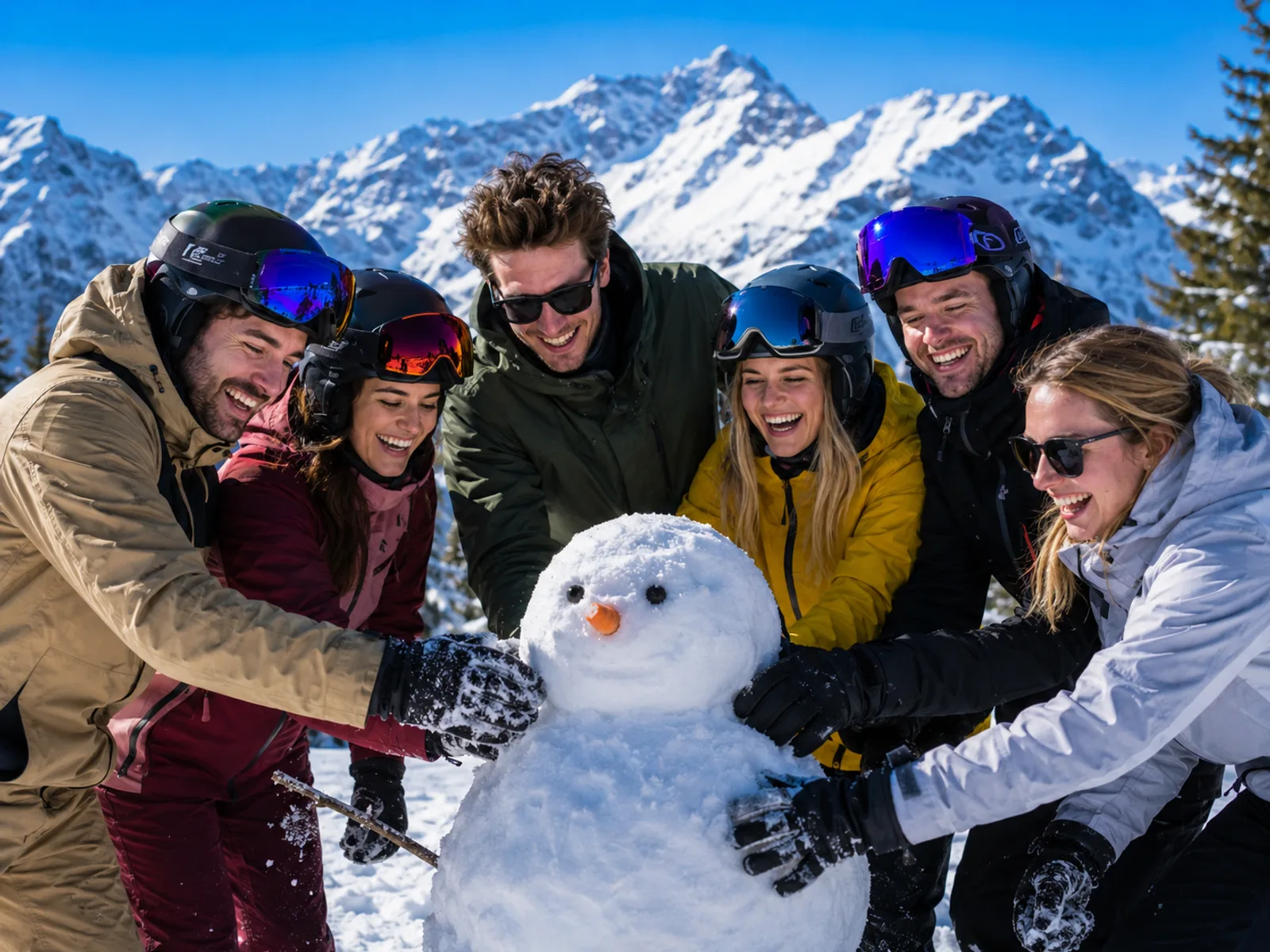Hundeschlittenteam zieht Schlitten mit Gruppe durch Schnee