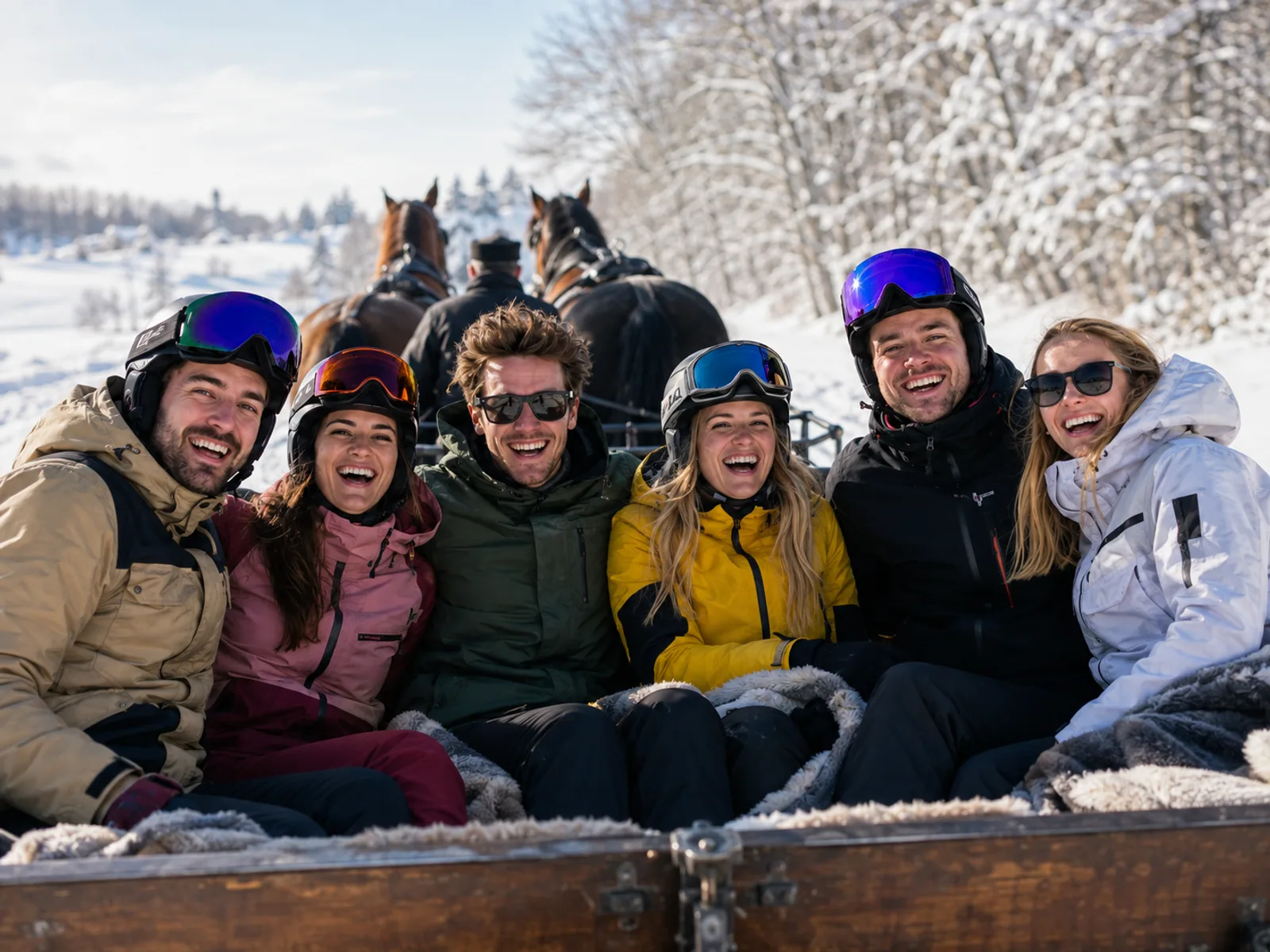 Gruppe fährt lachend gemeinsam Schlittschuh auf einer Eisbahn