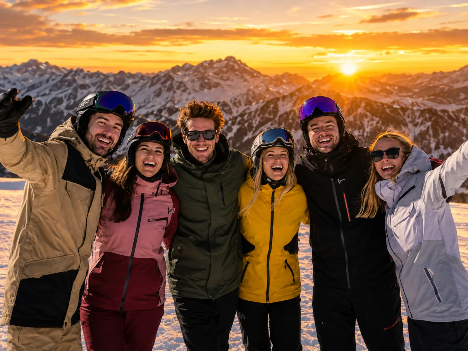 Gruppe feiert abends ausgelassen nach einem Tag im Schnee
