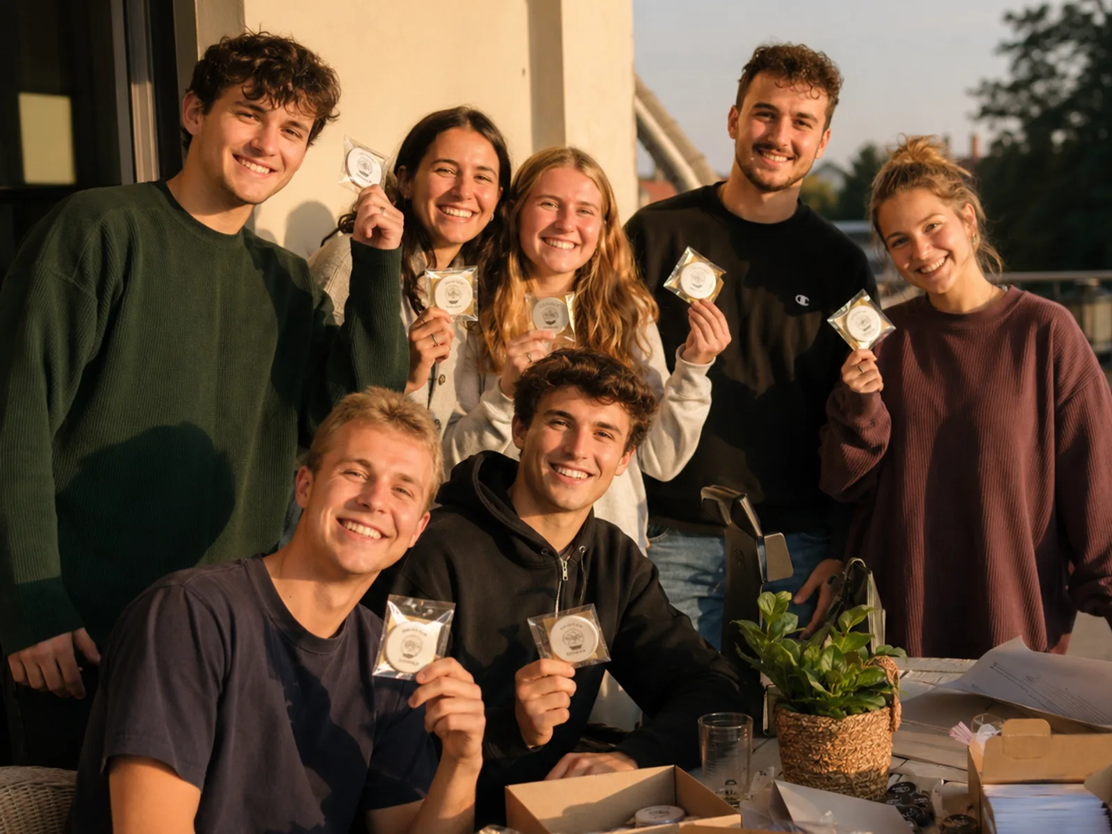 Gemischte Gruppe zeigt fröhlich ihre erhaltenen kleinen JGA Give-aways