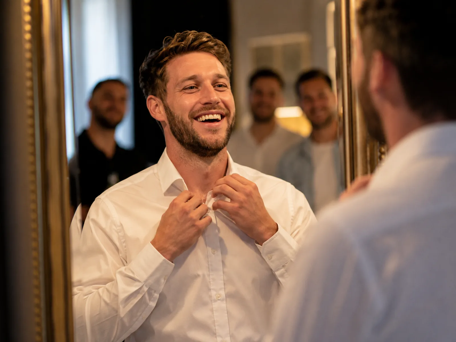 Bräutigam trägt ein Shirt mit der Aufschrift Groom inmitten seiner Freunde