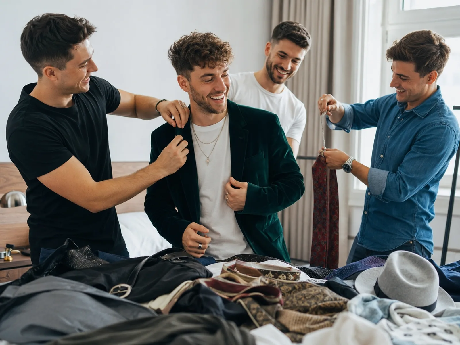 Männer in leichten Jacken bereiten sich auf ein Outdoor-Programm vor