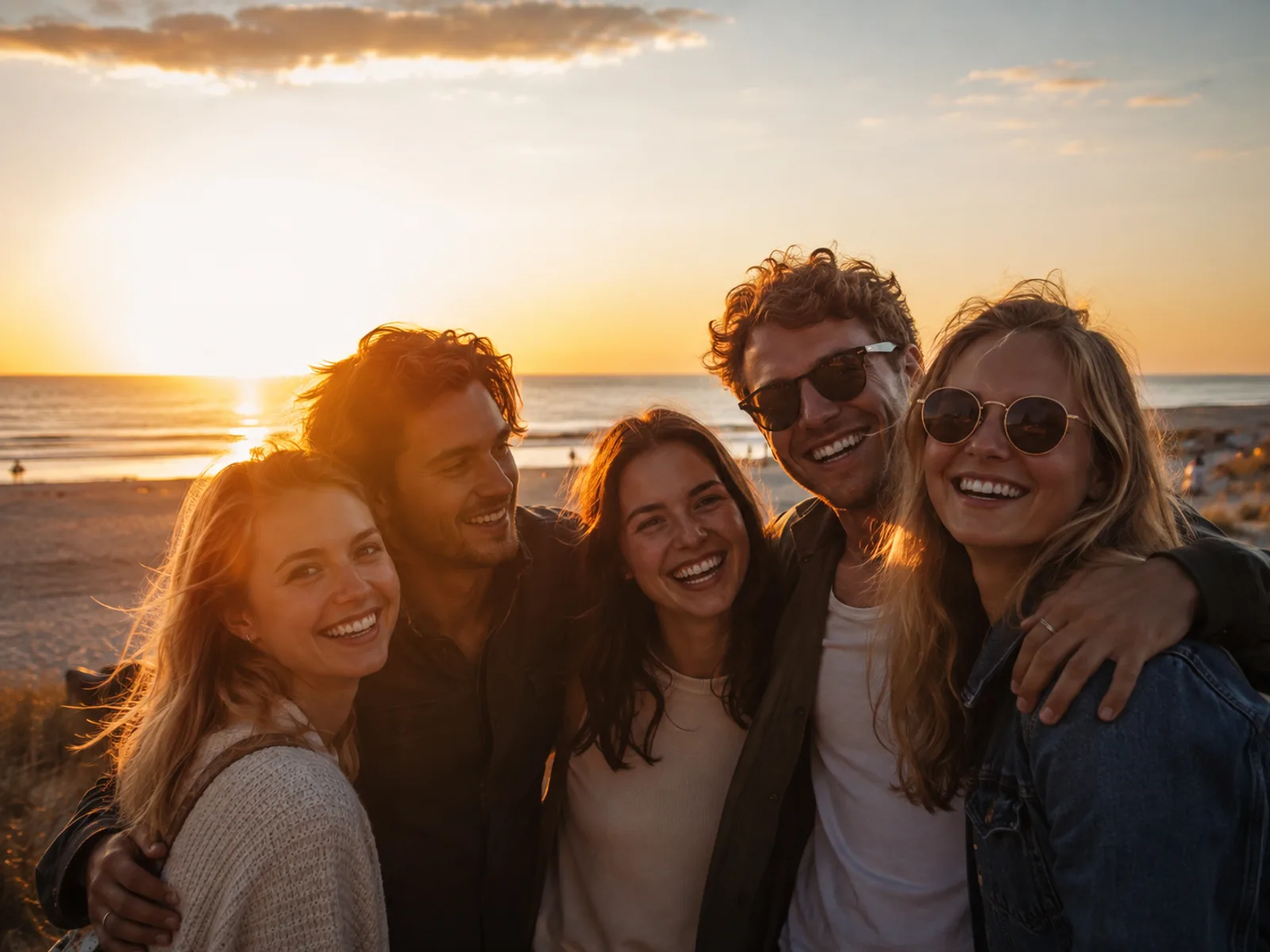 Gruppe läuft lachend am Nordseestrand entlang