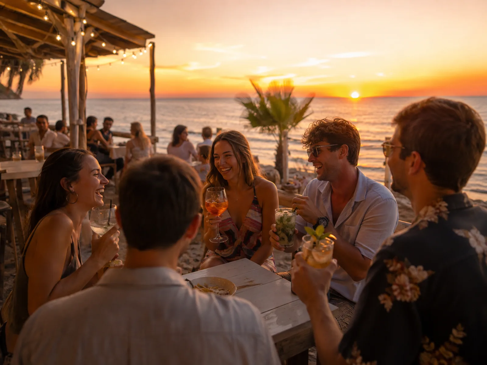 Gruppe sitzt abends an einer Strandbar mit Lichterketten