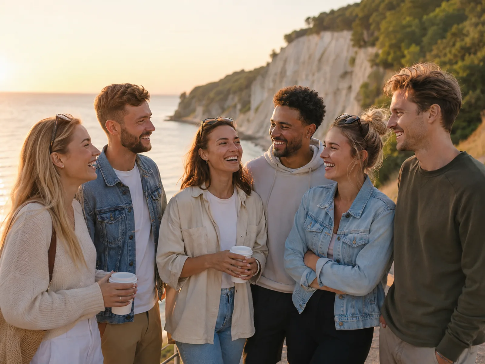 Gruppe an der Ostsee-Strandpromenade bei Sonnenuntergang