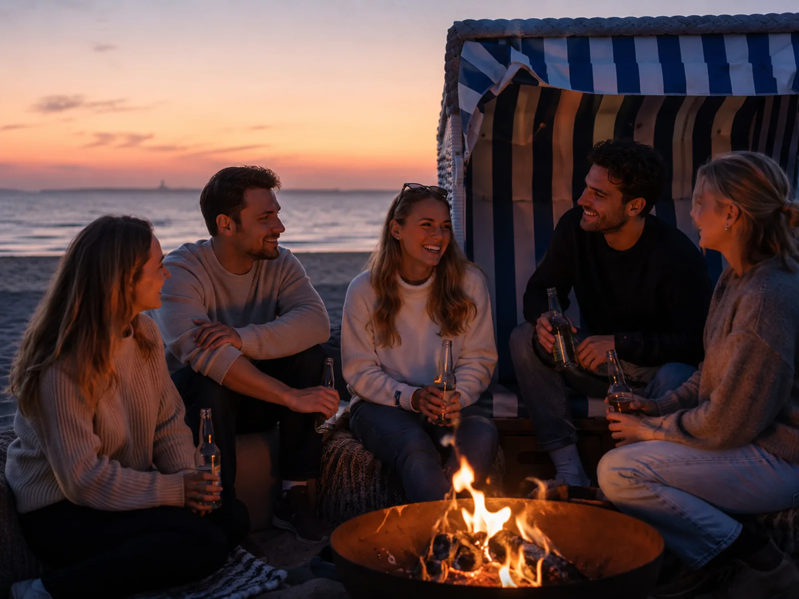 Freunde sitzen gemeinsam am Lagerfeuer am Ostseestrand