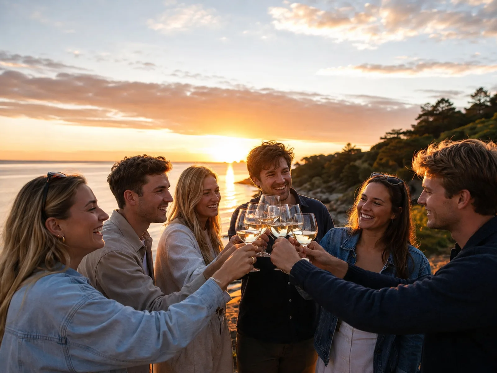 Gruppe stößt bei Sonnenuntergang an der Ostseeküste an