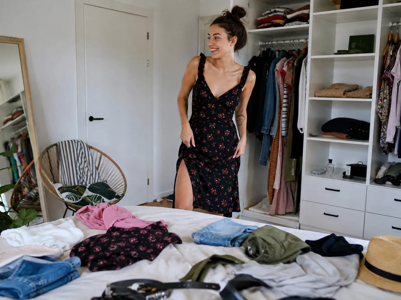 Junge Frau probiert lachend verschiedene Outfits an