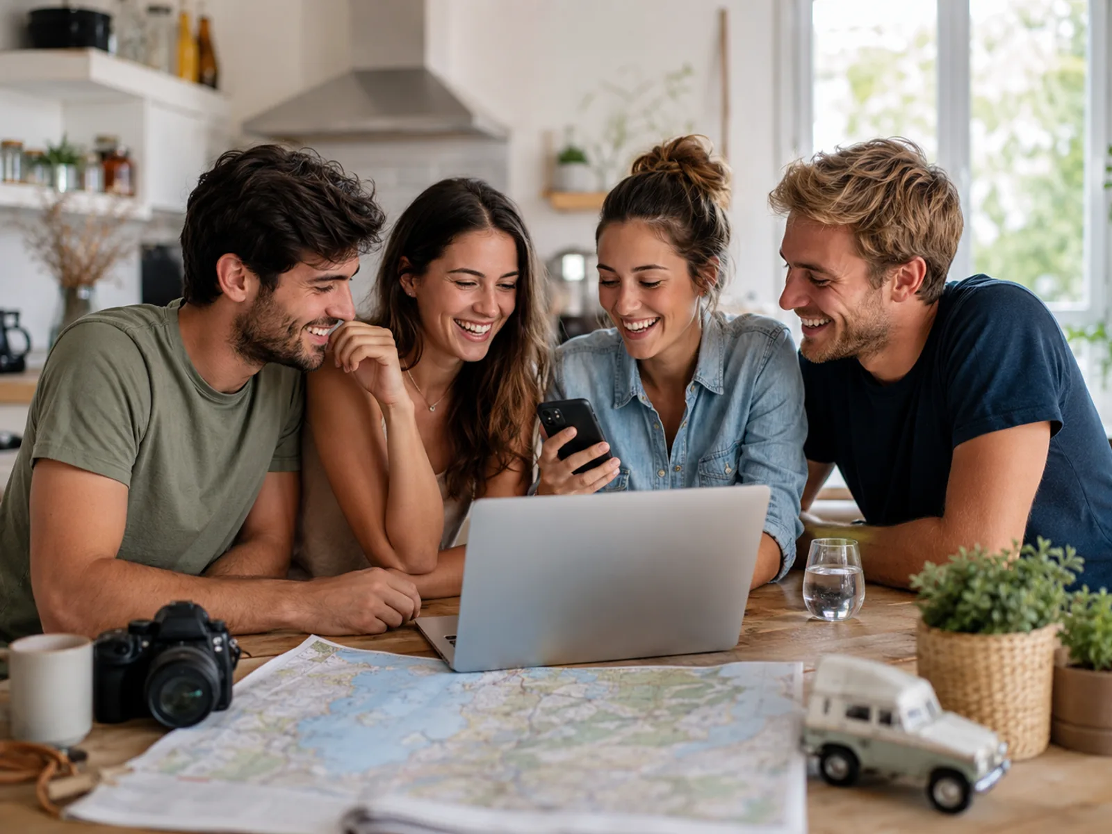 Gruppe plant gemeinsam die Partydorf-Reise am Laptop