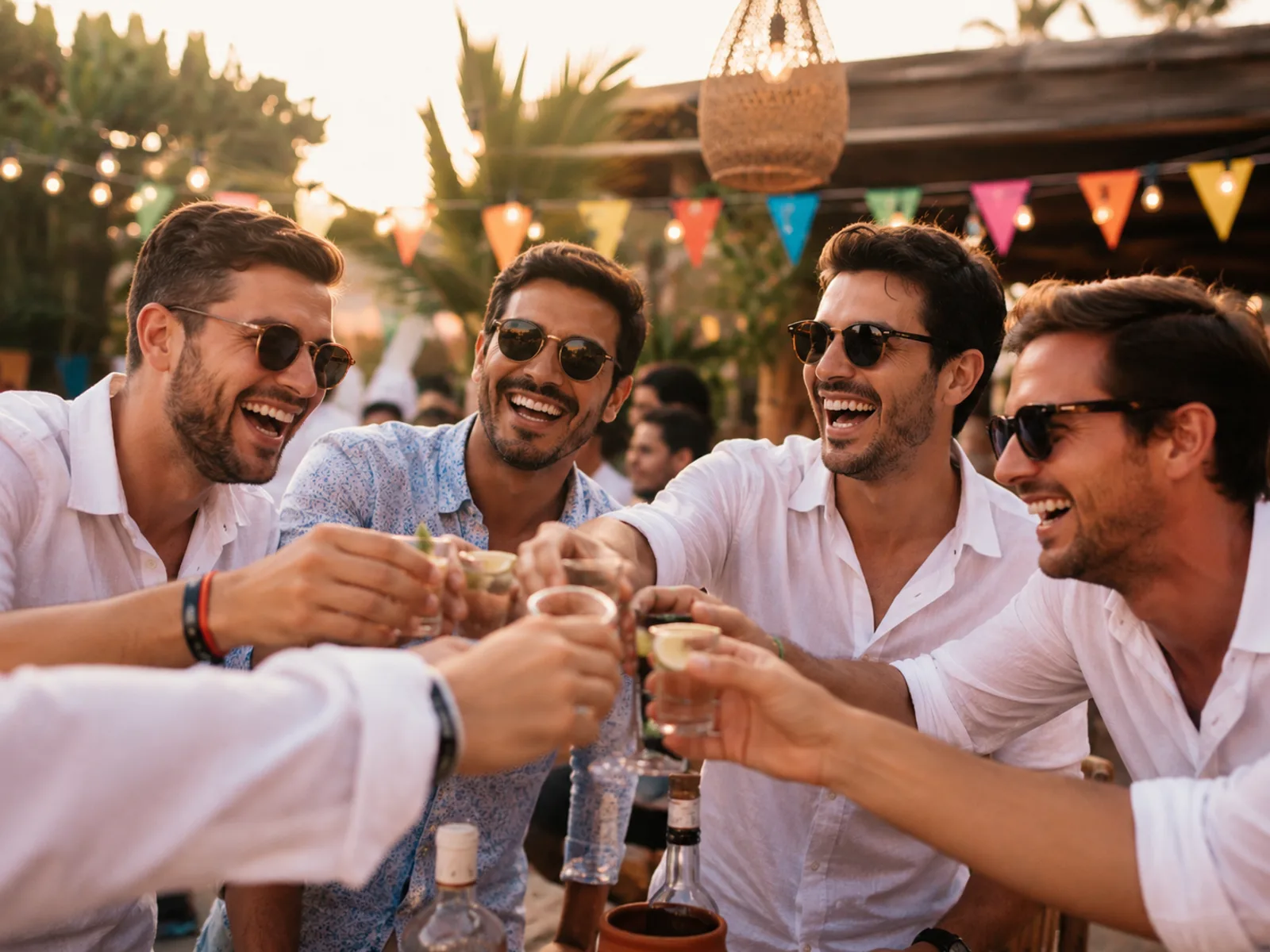 Fröhliche Gruppe feiert bei Sonnenuntergang im Partydorf