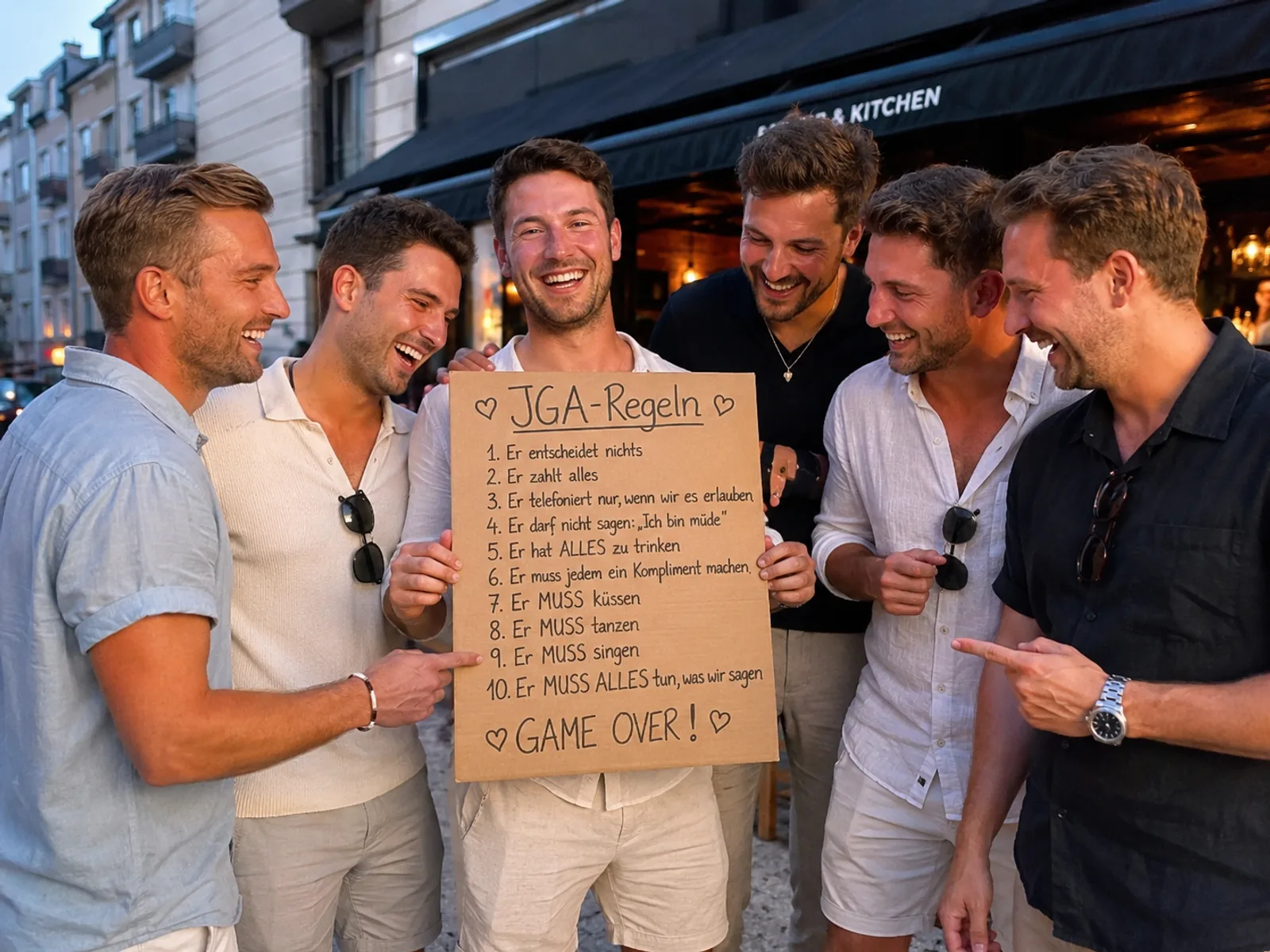 Gruppe liest gemeinsam die JGA-Regeln von einem Schild