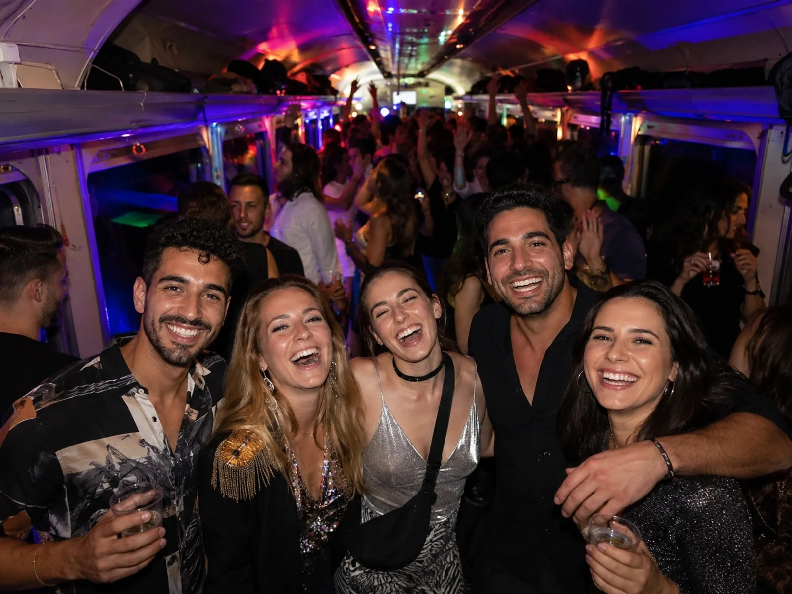 Feiernde Gruppe im Partyzug beim JGA