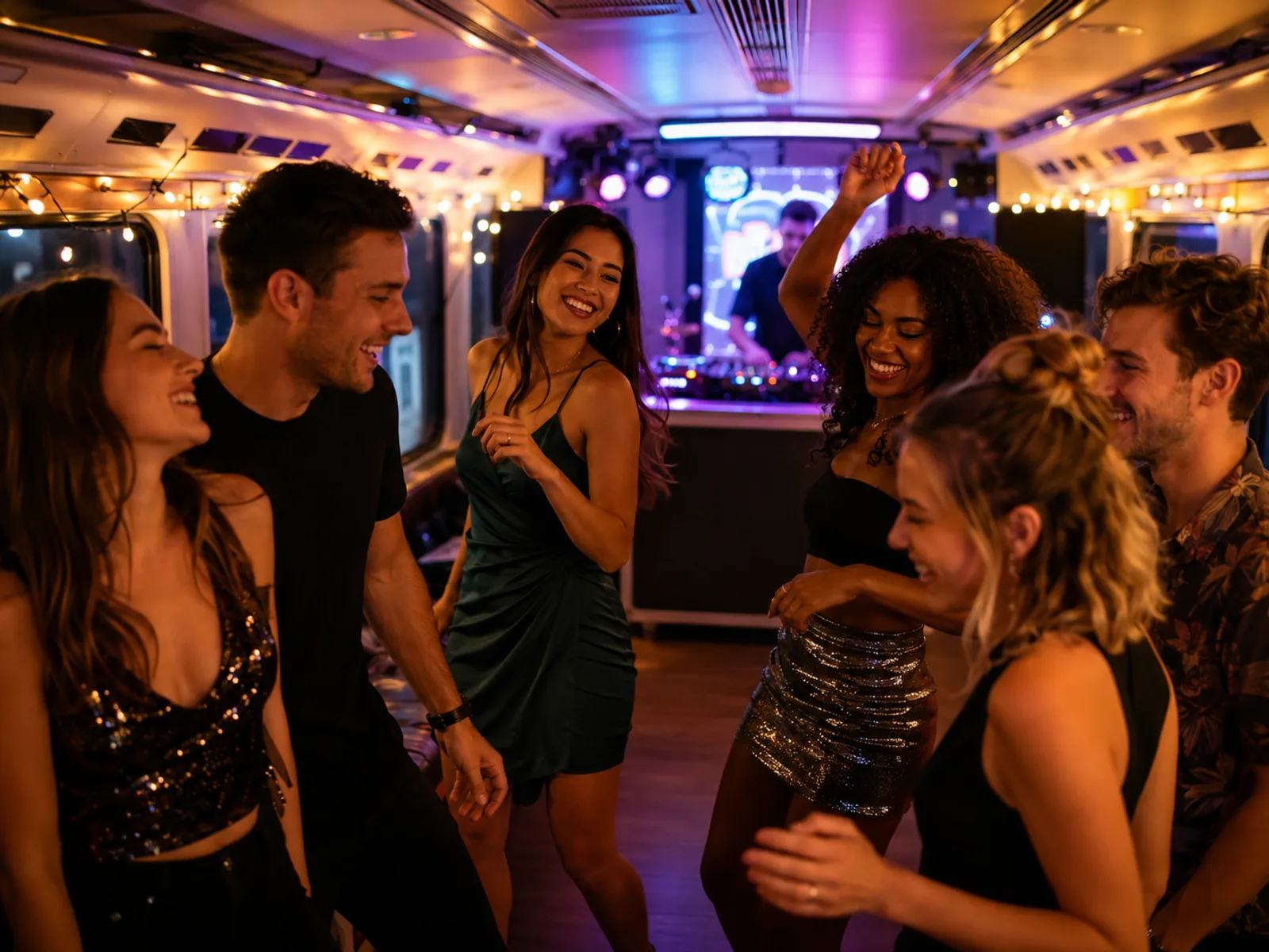 Volle Tanzfläche im Partyzug bei Nacht mit bunten Lichtern