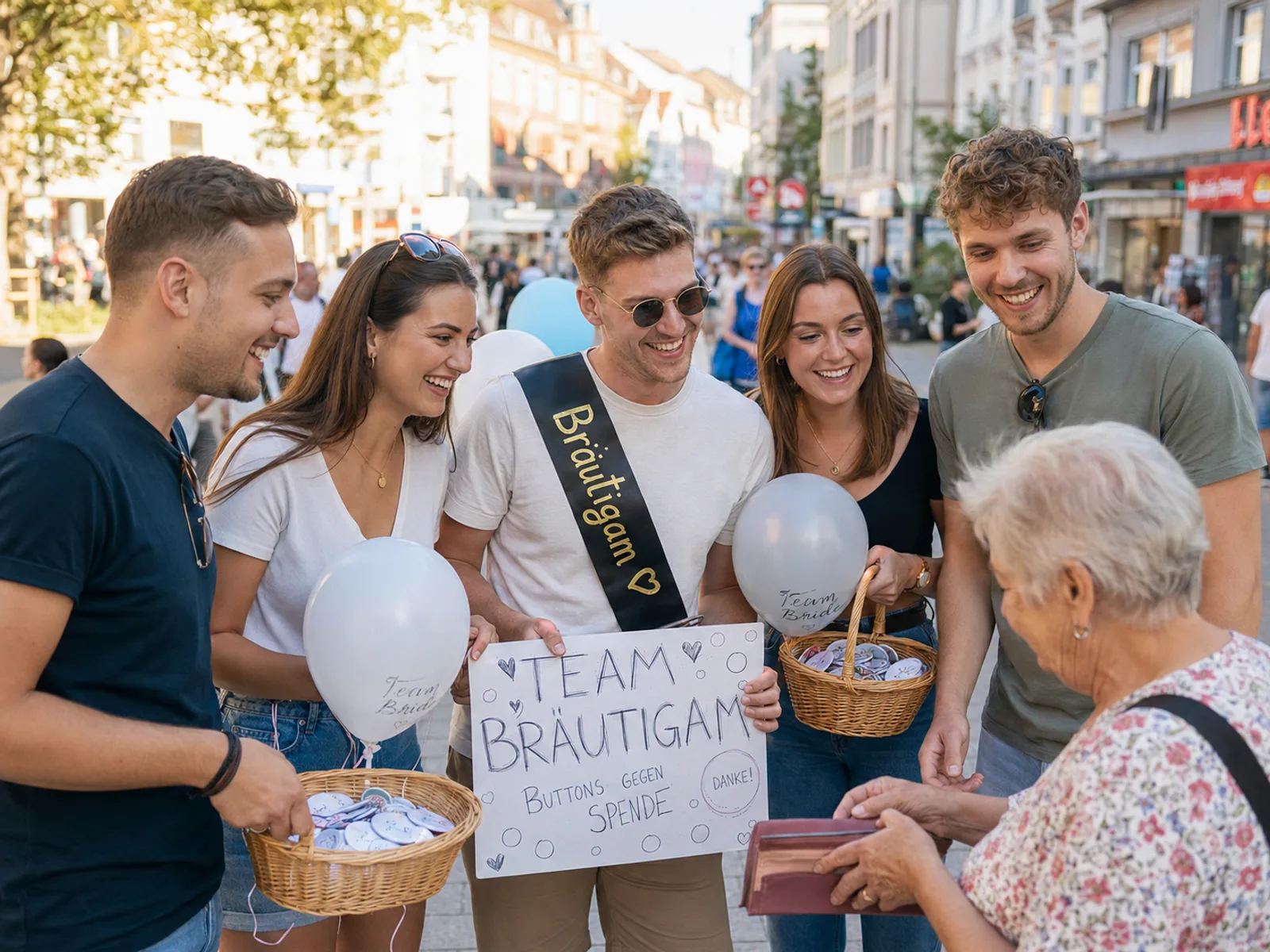 Gruppe verkauft Give-aways beim Junggesellenabschied in der Fußgängerzone