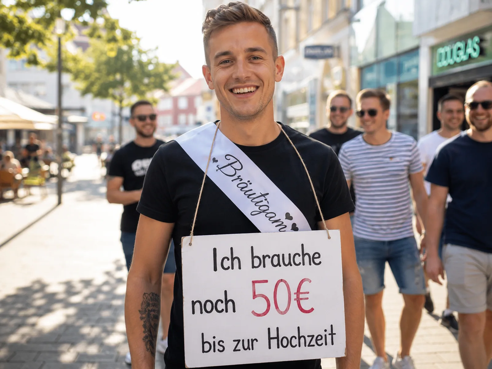 Bräutigam mit Schild und Schärpe beim Verkaufen in der Stadt