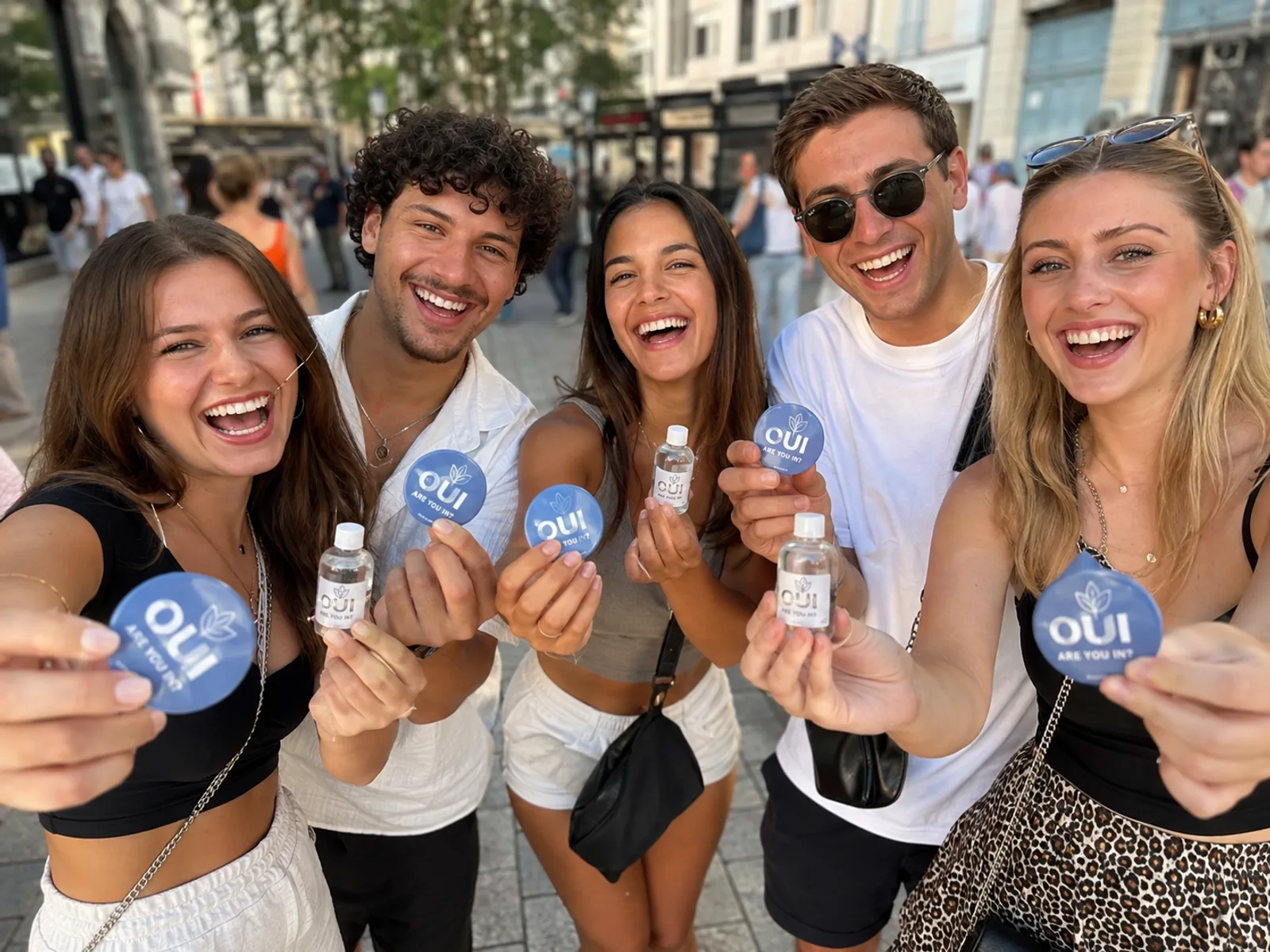Fröhliche Gruppe beim Junggesellenabschied verkauft Give-aways