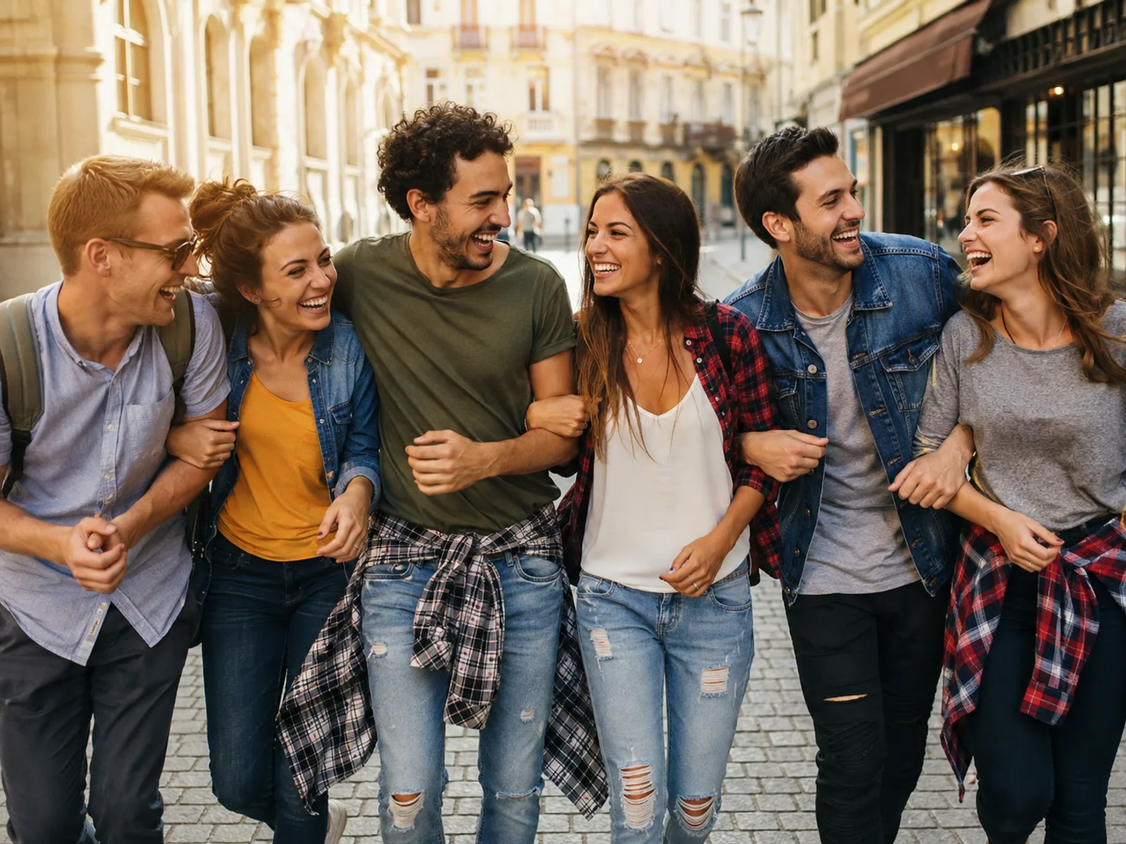 Gruppe beim Junggesellenabschied lacht gemeinsam in der Stadt