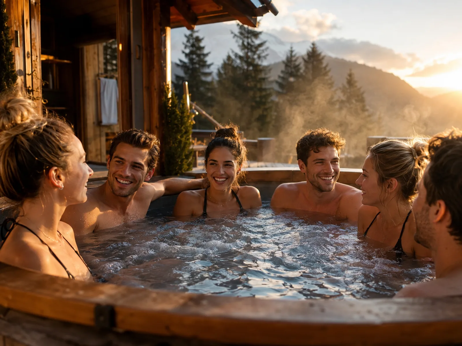 Gruppe sitzt gemeinsam am Whirlpool einer gemieteten Wellness-Hütte